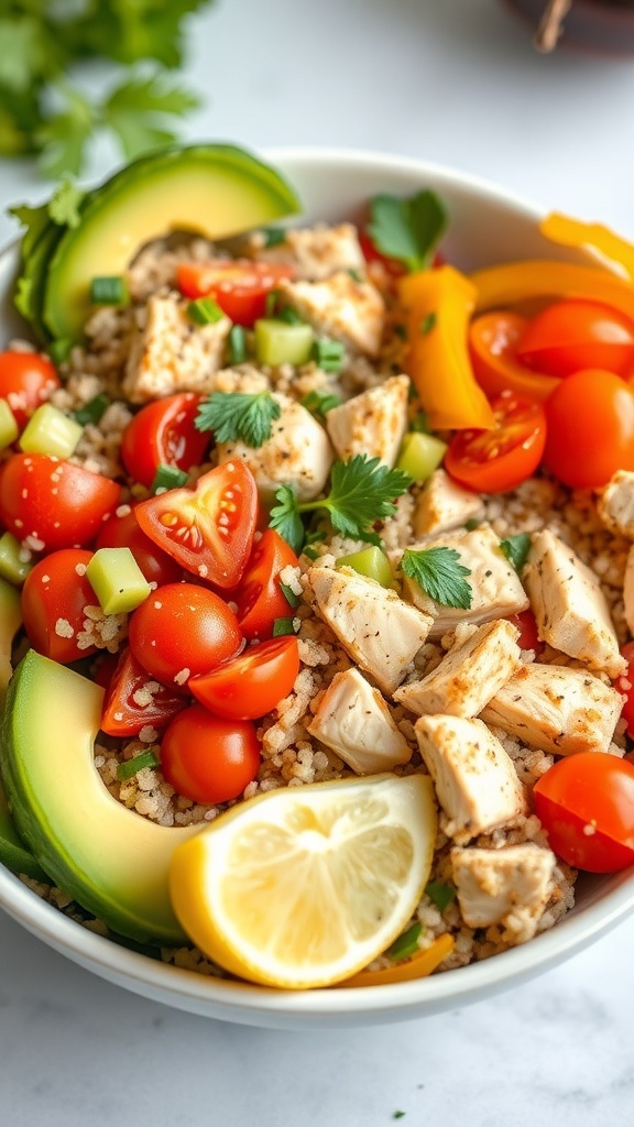 A healthy quinoa chicken bowl with quinoa, chicken, cherry tomatoes, cucumber, bell pepper, and avocado, garnished with herbs and lemon.